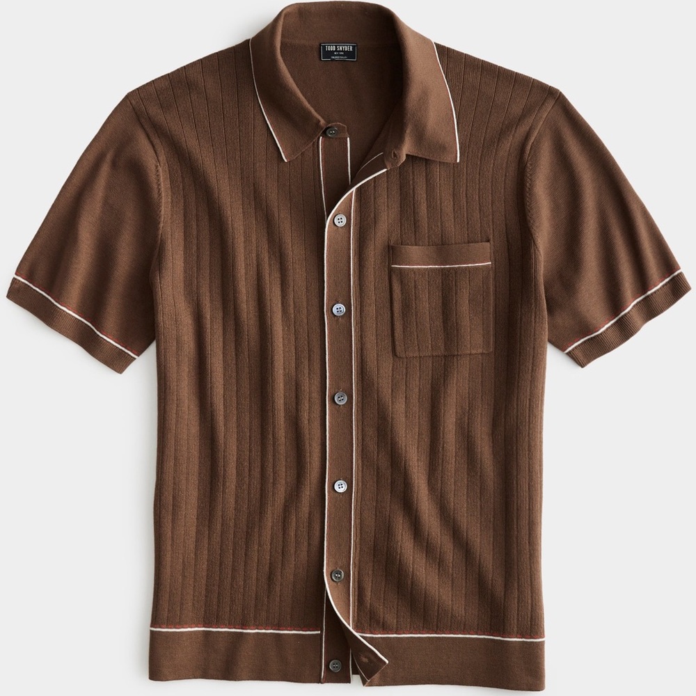 Todd Snyder Cotton Silk Full Placket Riviera Polo in Saddle Brown